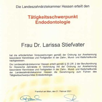 Zertifikat Wurzelbehandlung (Endodontologie) von Frau Dr. Stiefvater, Zahnärztin in der Zahnarztpraxis Wellmann (Bad Homburg)